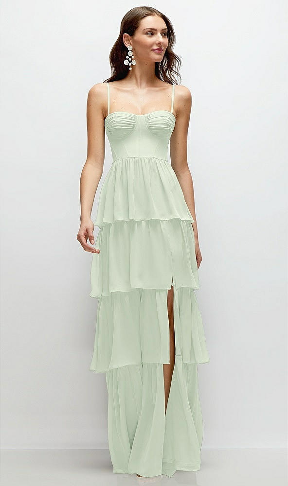 Front View - Mint Green Bustier-Style Chiffon Tiered Ruffle Maxi Dress with Adjustable Straps