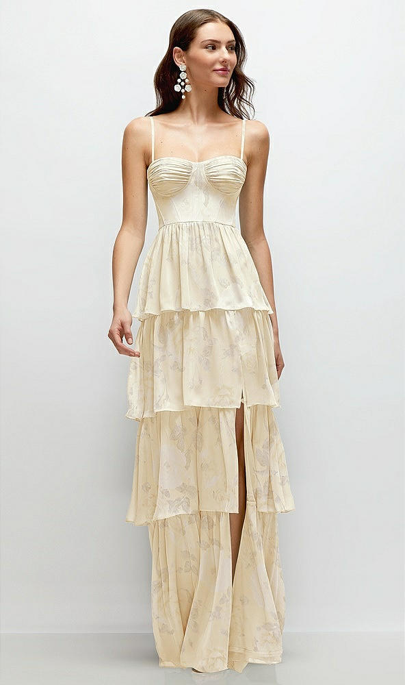 Front View - Butter Yellow Floral Bustier-Style Chiffon Tiered Ruffle Maxi Dress with Adjustable Straps