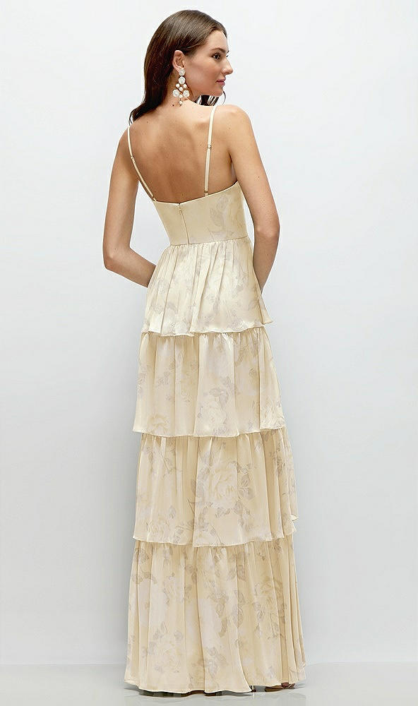 Back View - Butter Yellow Floral Bustier-Style Chiffon Tiered Ruffle Maxi Dress with Adjustable Straps