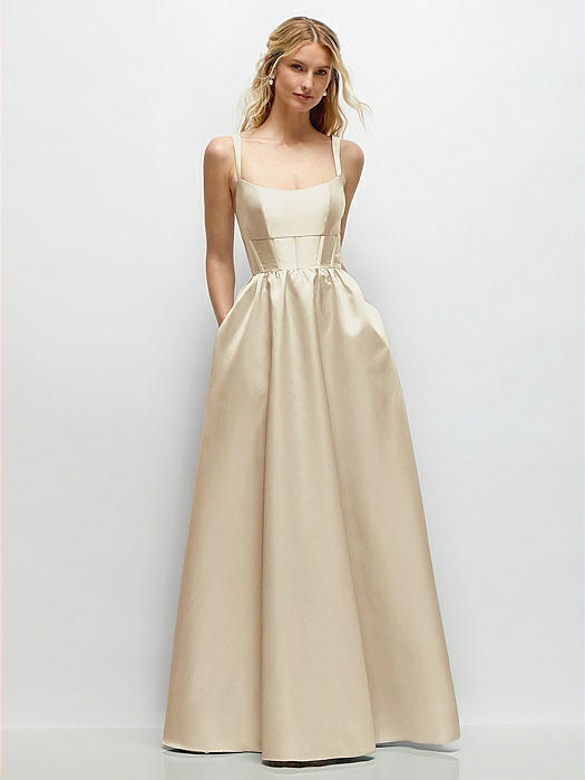 Scoop Neck Inset Corset Satin Maxi Dress with Pockets