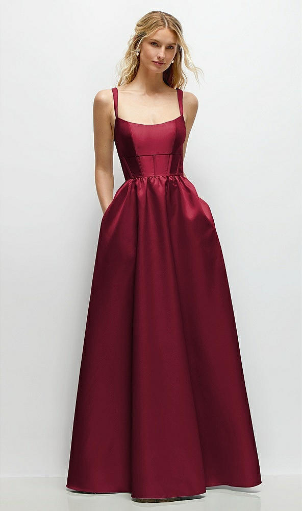 Front View - Burgundy Scoop Neck Inset Corset Satin Maxi Dress with Pockets