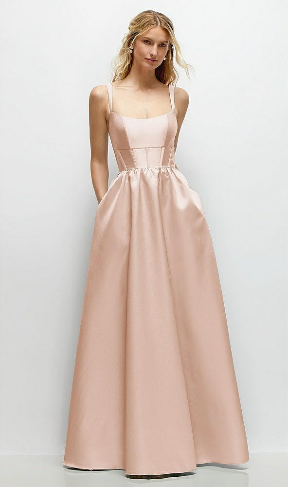 Front View - Cameo Scoop Neck Inset Corset Satin Maxi Dress with Pockets