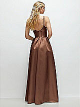 Rear View Thumbnail - Cognac Scoop Neck Inset Corset Satin Maxi Dress with Pockets