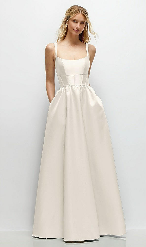 Front View - Ivory Scoop Neck Inset Corset Satin Maxi Dress with Pockets