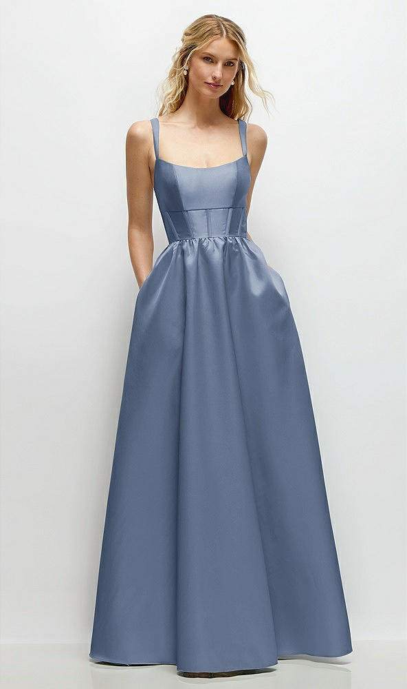 Front View - Larkspur Blue Scoop Neck Inset Corset Satin Maxi Dress with Pockets