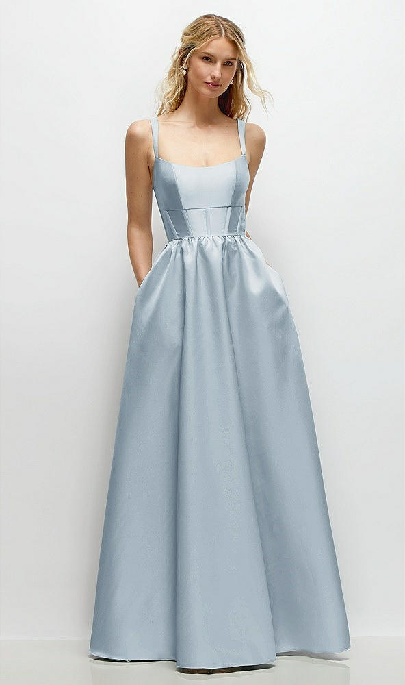 Front View - Mist Scoop Neck Inset Corset Satin Maxi Dress with Pockets