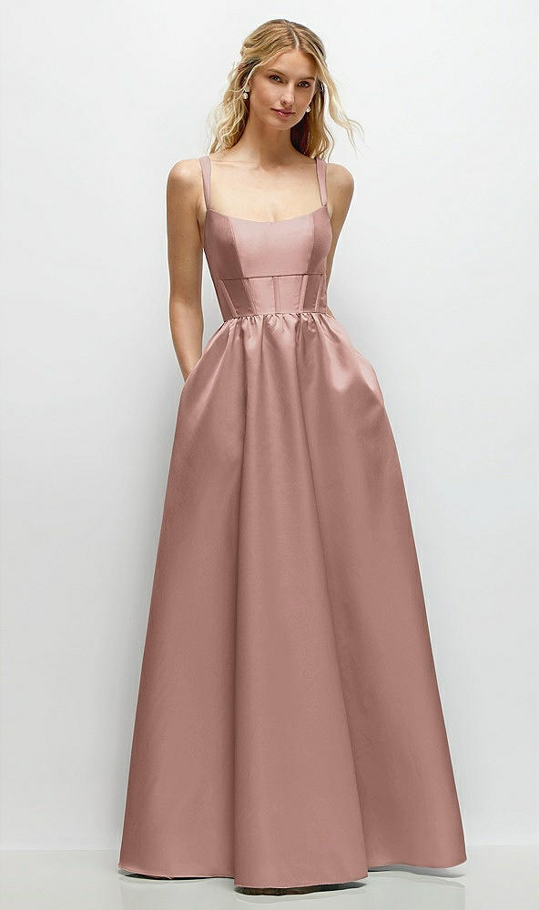 Front View - Neu Nude Scoop Neck Inset Corset Satin Maxi Dress with Pockets