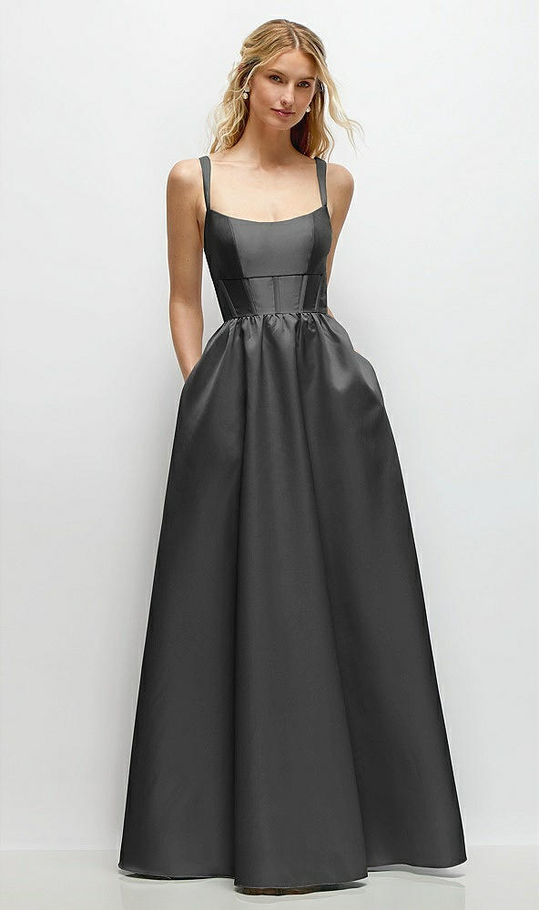 Front View - Pewter Scoop Neck Inset Corset Satin Maxi Dress with Pockets