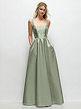 Front View Thumbnail - Sage Scoop Neck Inset Corset Satin Maxi Dress with Pockets