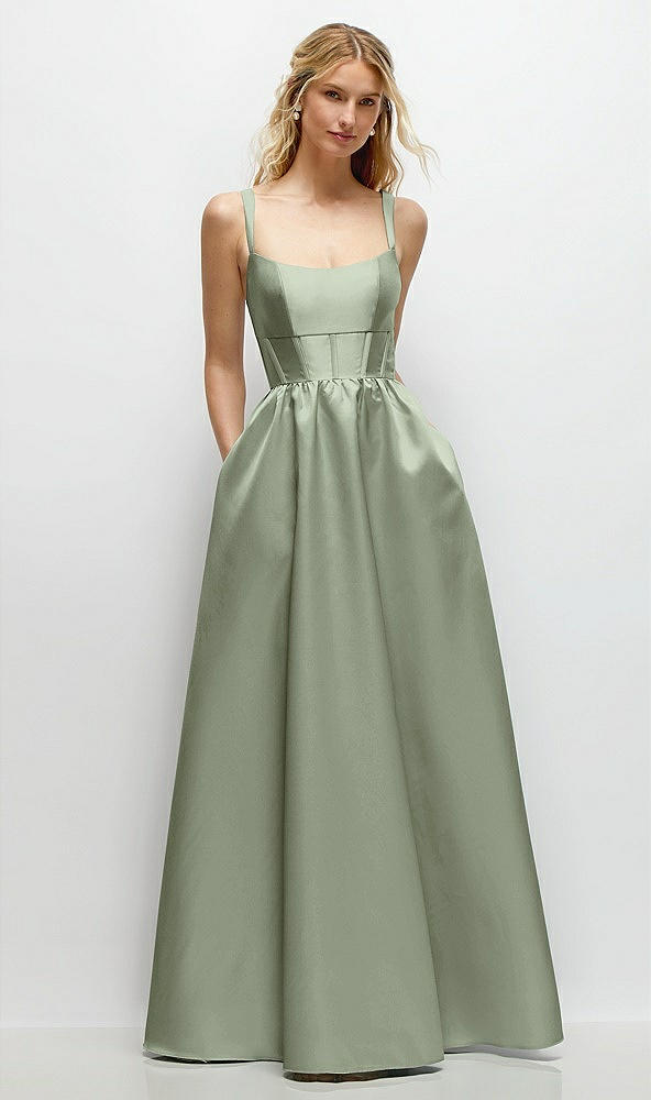 Front View - Sage Scoop Neck Inset Corset Satin Maxi Dress with Pockets