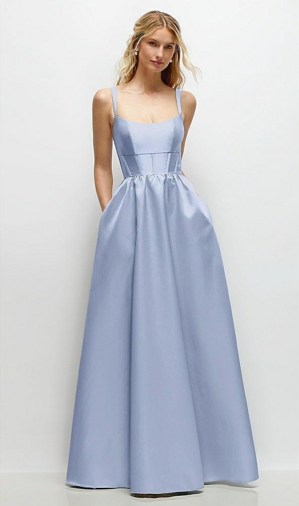 Front View - Sky Blue Scoop Neck Inset Corset Satin Maxi Dress with Pockets