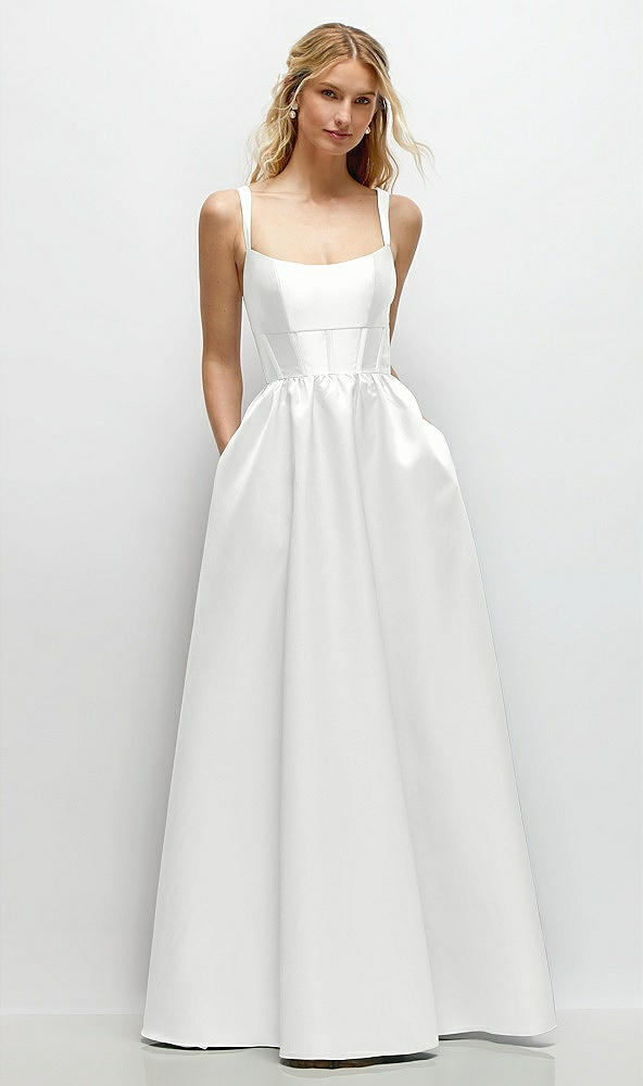 Front View - White Scoop Neck Inset Corset Satin Maxi Dress with Pockets