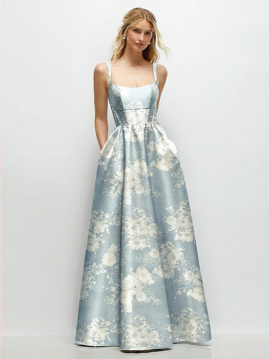 Scoop Neck Inset Corset Floral Satin Maxi Dress with Pockets