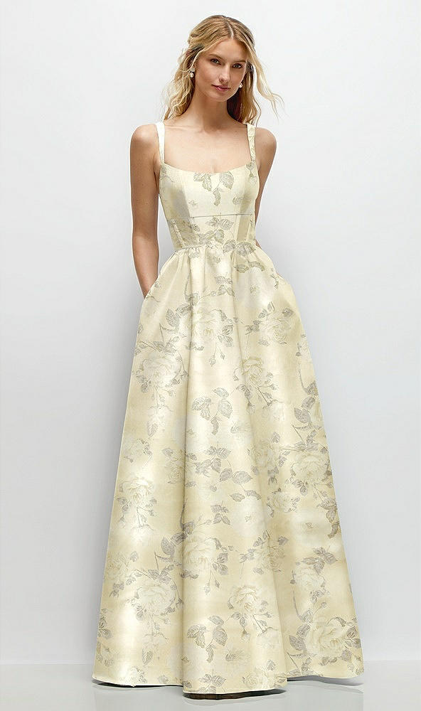 Front View - Butter Yellow Floral Scoop Neck Inset Corset Floral Satin Maxi Dress with Pockets