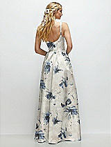 Rear View Thumbnail - Inkwash Blue Floral Scoop Neck Inset Corset Floral Satin Maxi Dress with Pockets