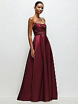Front View Thumbnail - Cabernet Strapless Draped Cat-Eye Satin Maxi Dress with Full Skirt