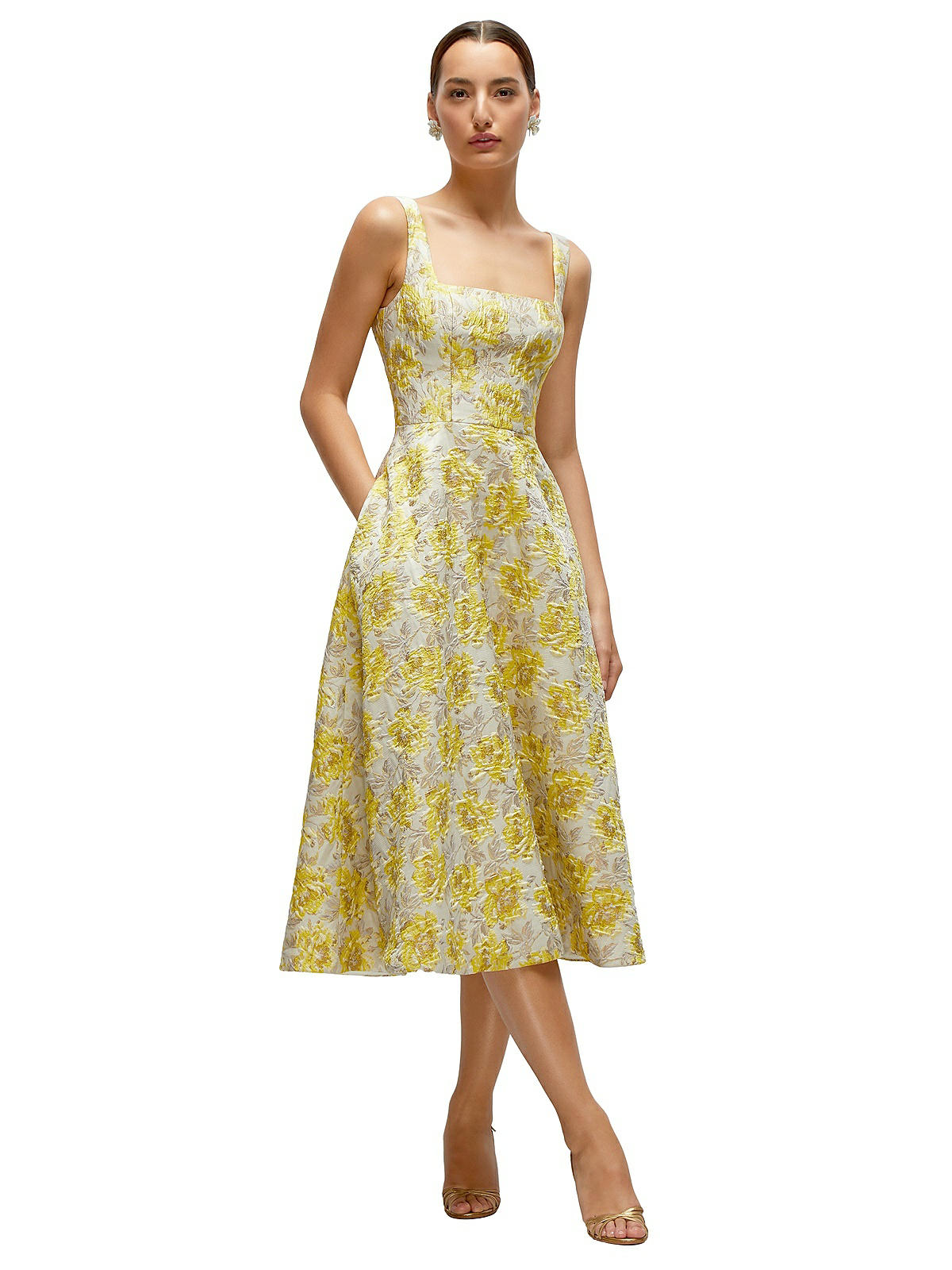 Golden Yellow Square Neck Floral Jacquard Midi Bridesmaid Dress In