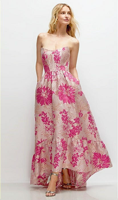 Strapless Cat-eye Corset Hibiscus Pink Floral Jacquard High-low