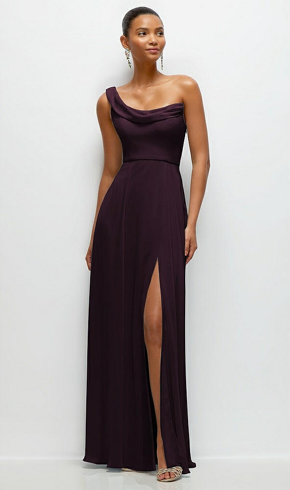 Front View - Deep Plum Chiffon One-Shoulder Maxi Dress with Draped Cowl Neckline