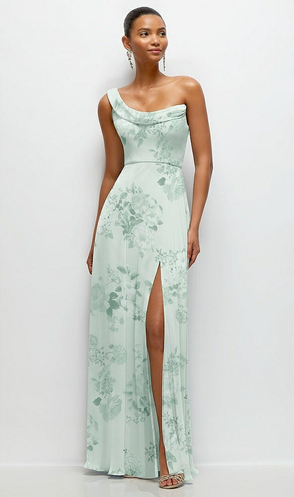 Front View - Mint Green Floral Chiffon One-Shoulder Maxi Dress with Draped Cowl Neckline