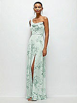 Side View Thumbnail - Mint Green Floral Chiffon One-Shoulder Maxi Dress with Draped Cowl Neckline