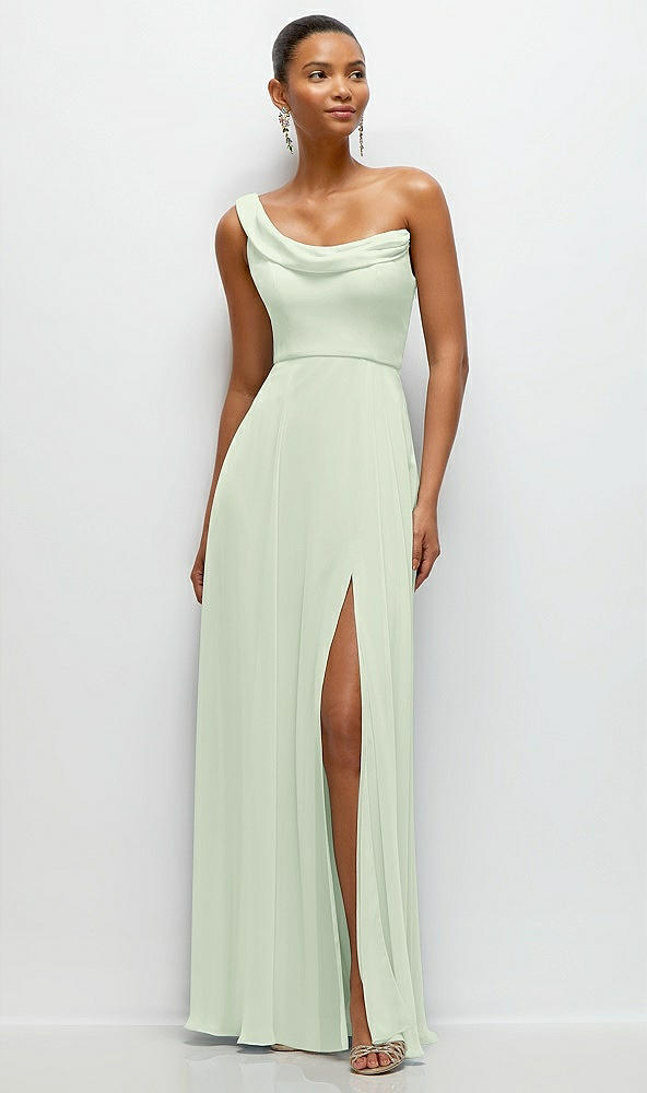 Front View - Mint Green Chiffon One-Shoulder Maxi Dress with Draped Cowl Neckline