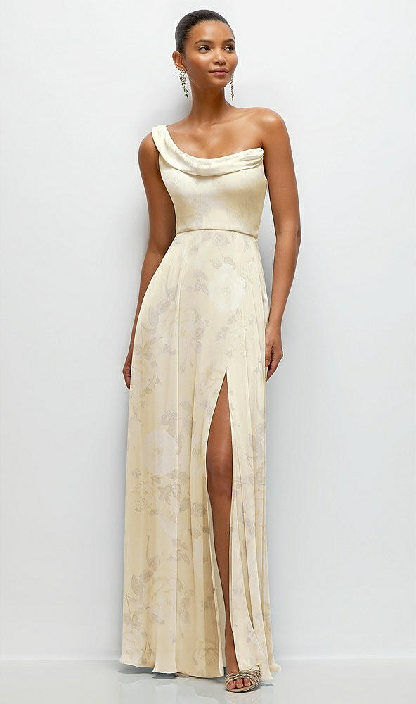 Front View - Butter Yellow Floral Chiffon One-Shoulder Maxi Dress with Draped Cowl Neckline