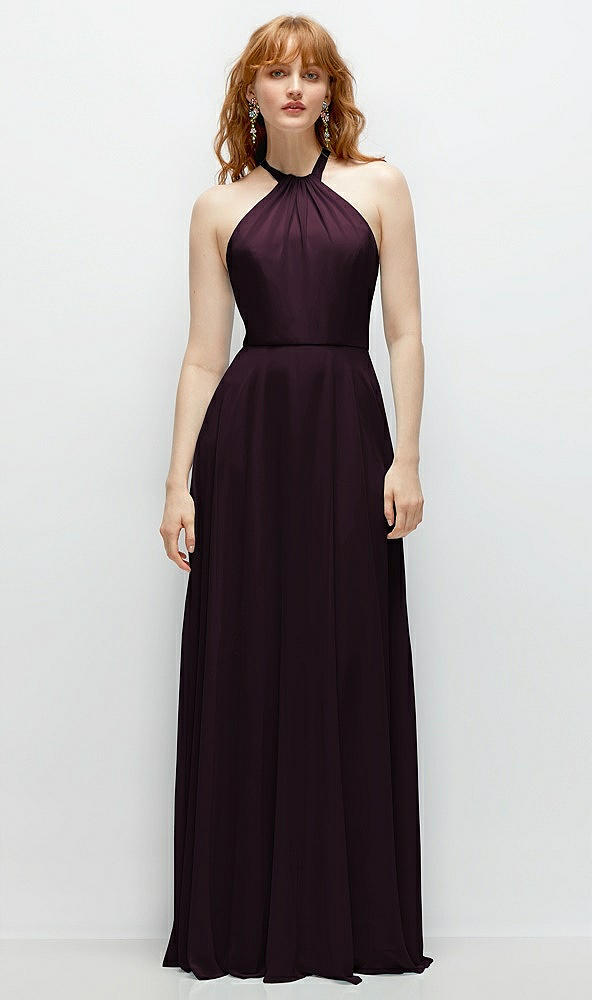 Front View - Deep Plum Shirred Halter Chiffon Maxi Dress with Back Sash-Tie Closure