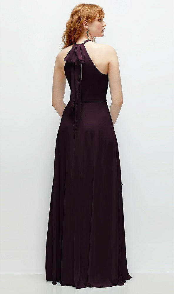 Back View - Deep Plum Shirred Halter Chiffon Maxi Dress with Back Sash-Tie Closure