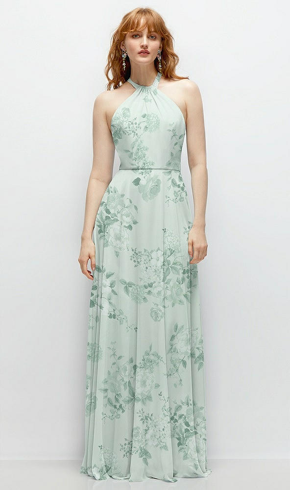 Front View - Mint Green Floral Shirred Halter Chiffon Maxi Dress with Back Sash-Tie Closure