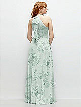 Rear View Thumbnail - Mint Green Floral Shirred Halter Chiffon Maxi Dress with Back Sash-Tie Closure