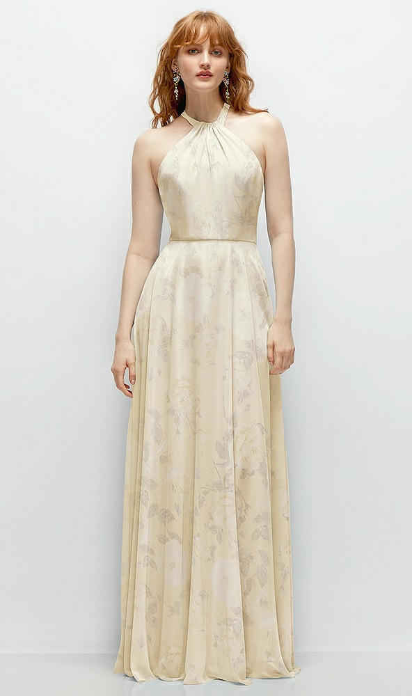 Front View - Butter Yellow Floral Shirred Halter Chiffon Maxi Dress with Back Sash-Tie Closure