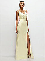 Side View Thumbnail - Butter Yellow Pleated Faux Wrap Satin Maxi Dress with Adjustable Spaghetti Straps