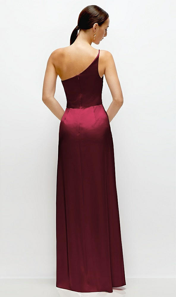 Back View - Cabernet Pleated One-Shoulder Satin Maxi Dress with A-Line Skirt