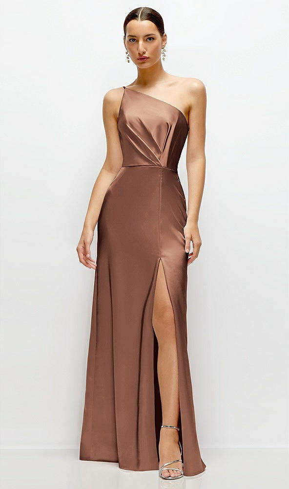 Front View - Cognac Pleated One-Shoulder Satin Maxi Dress with A-Line Skirt