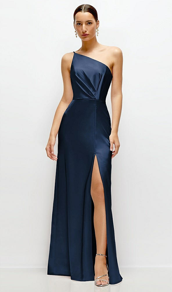 Front View - Midnight Navy Pleated One-Shoulder Satin Maxi Dress with A-Line Skirt