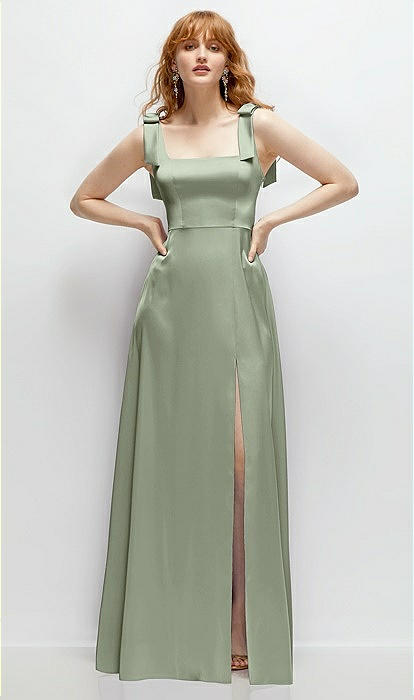 Square Neck Fluid Satin Maxi Bridesmaid Dress With Bow