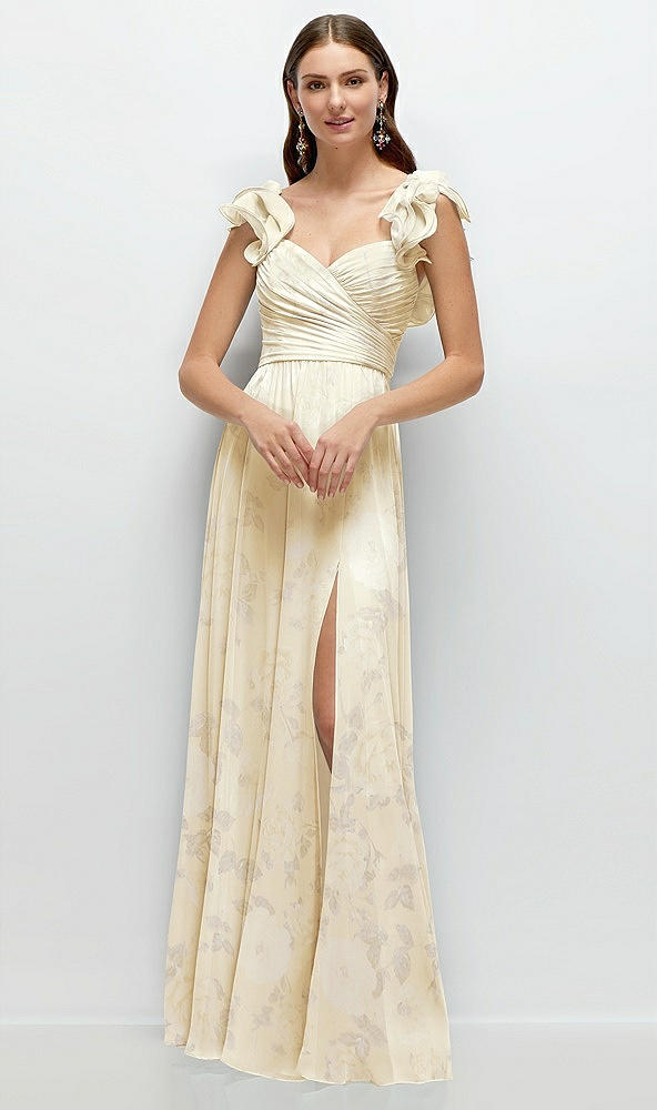 Front View - Butter Yellow Floral Dramatic Ruffle Edge Strap Chiffon Maxi Dress