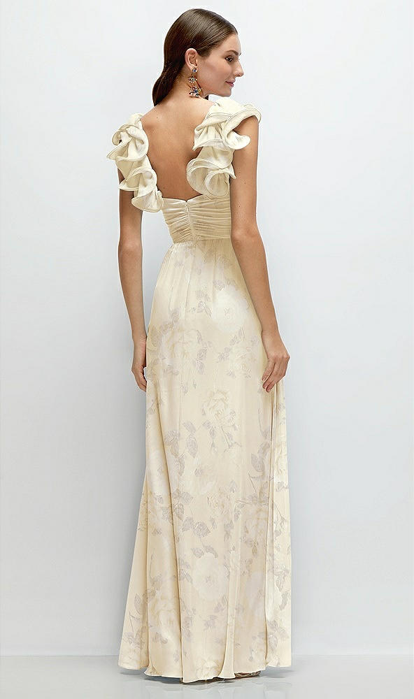 Back View - Butter Yellow Floral Dramatic Ruffle Edge Strap Chiffon Maxi Dress