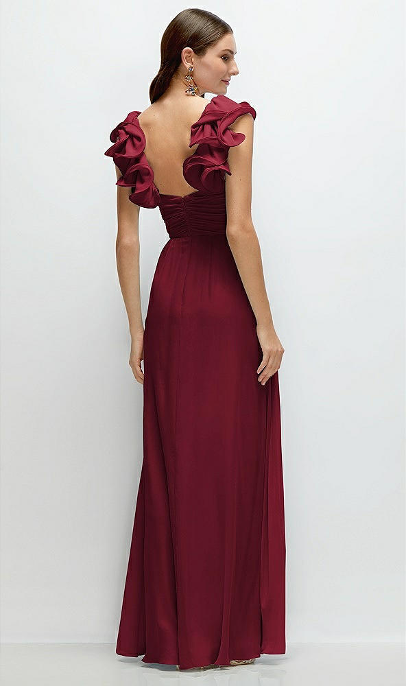 Back View - Burgundy Dramatic Ruffle Edge Strap Chiffon Maxi Dress