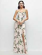 Front View Thumbnail - Palm Beach Print Strapless Pleated Surplice Chiffon Maxi Dress with A-Line Skirt
