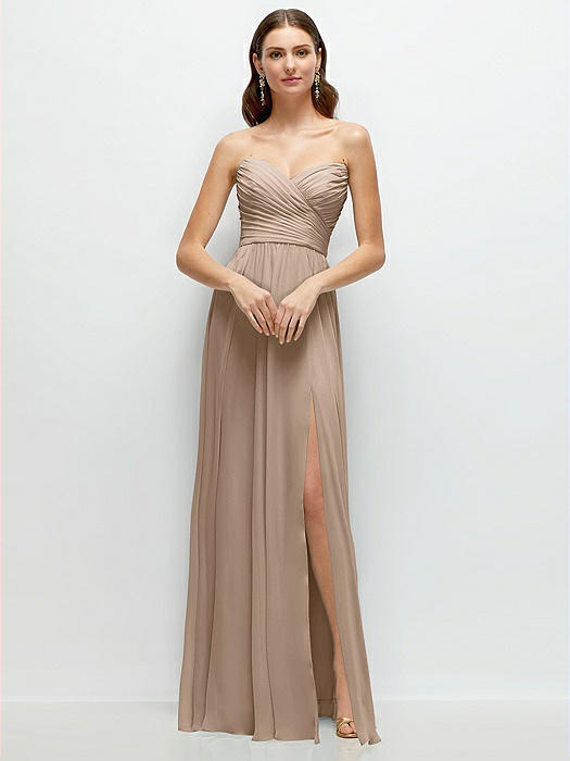 Strapless Pleated Surplice Chiffon Maxi Dress with A-Line Skirt