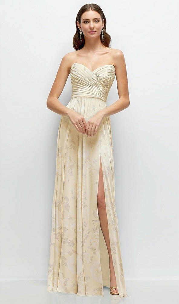 Front View - Butter Yellow Floral Strapless Pleated Surplice Chiffon Maxi Dress with A-Line Skirt