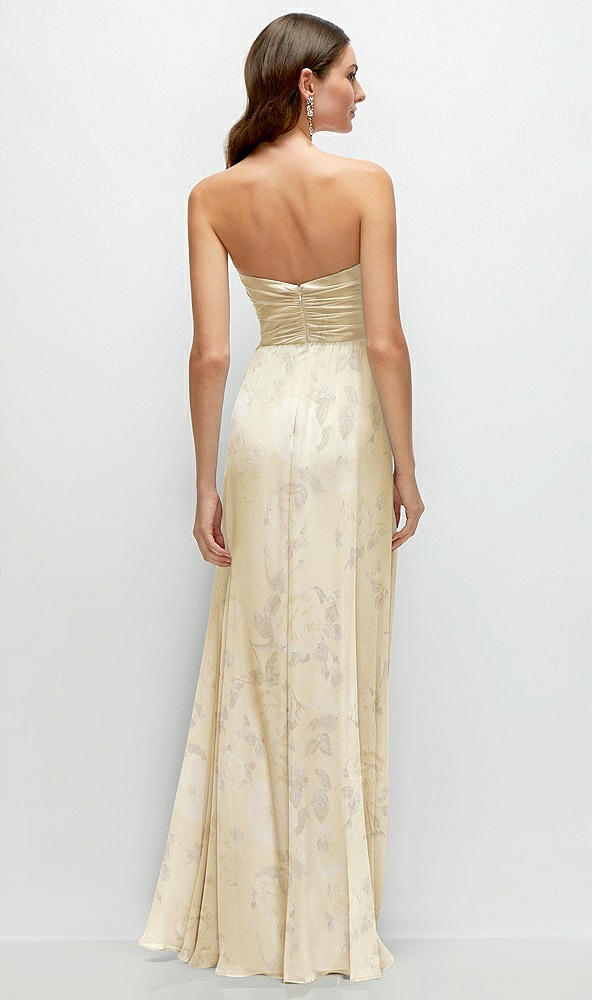 Back View - Butter Yellow Floral Strapless Pleated Surplice Chiffon Maxi Dress with A-Line Skirt