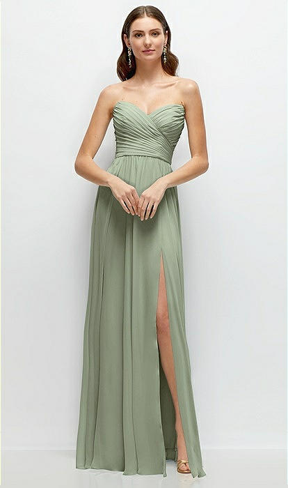 Strapless Pleated Surplice Chiffon Maxi Bridesmaid Dress With A