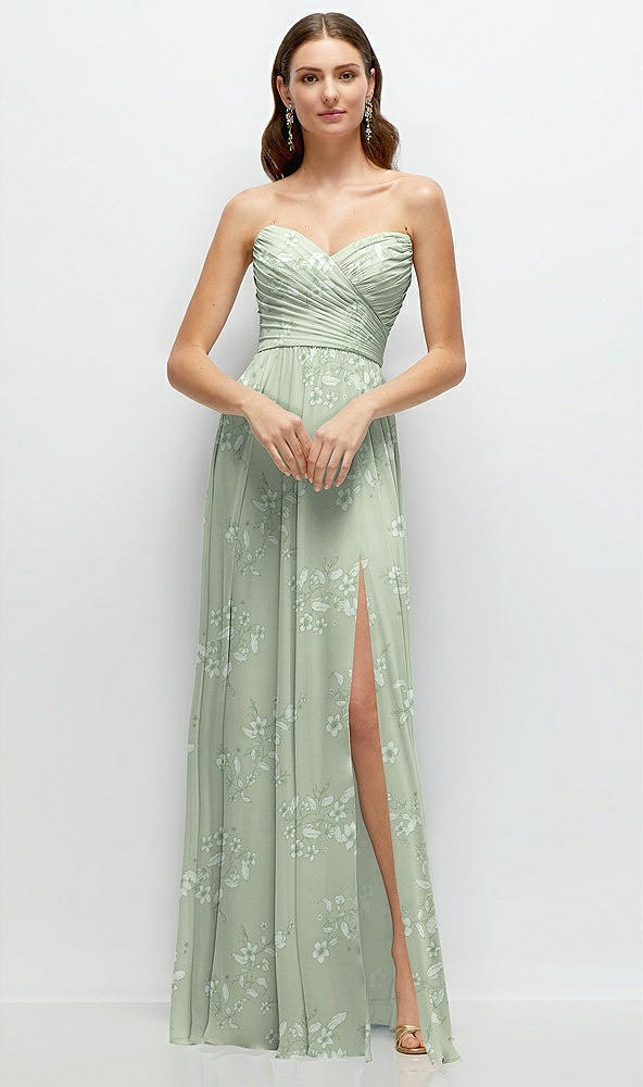 Front View - Vintage Primrose Sage Strapless Pleated Surplice Chiffon Maxi Dress with A-Line Skirt