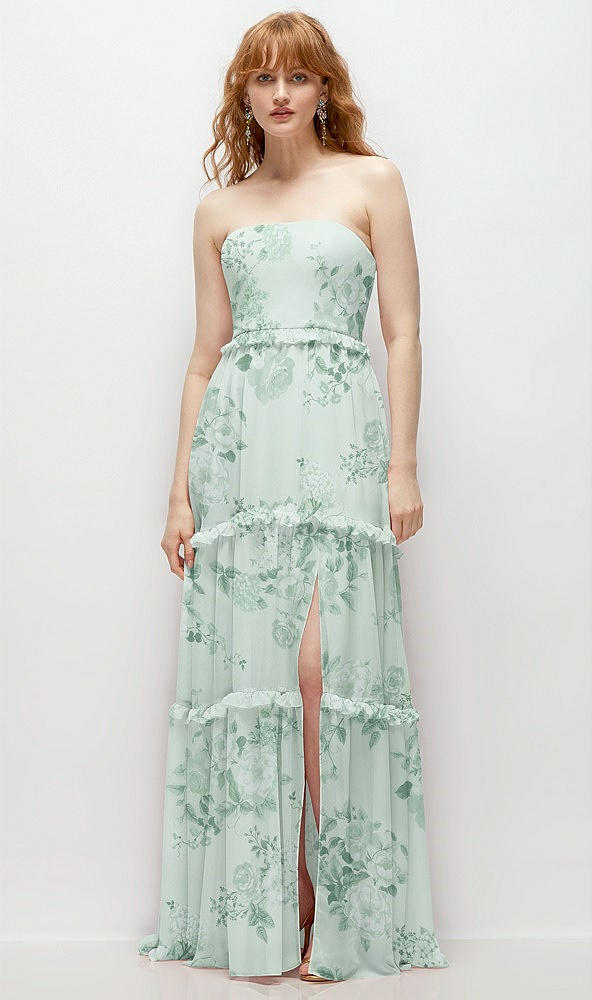 Front View - Mint Green Floral Strapless Chiffon Maxi Dress with Tiered Micro Ruffle Full Skirt