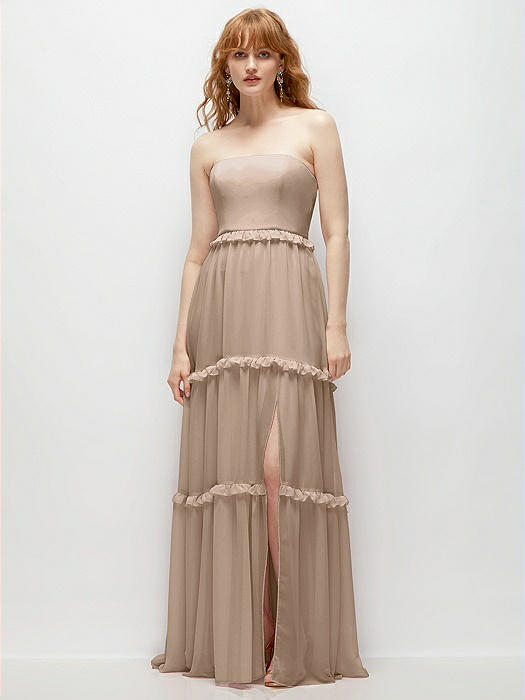 Strapless Chiffon Maxi Dress with Tiered Micro Ruffle Full Skirt