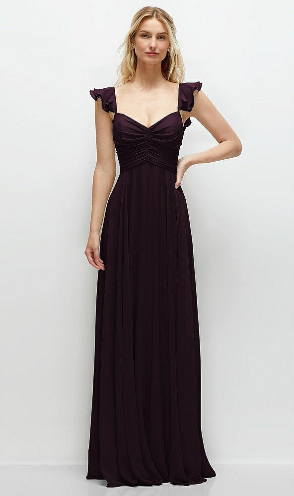 Front View - Deep Plum Convertible Ruffle Strap Chiffon Maxi Dress with Full Circle Skirt