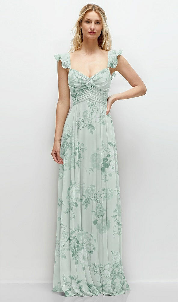 Front View - Mint Green Floral Convertible Ruffle Strap Chiffon Maxi Dress with Full Circle Skirt